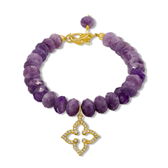 Gold Clover on Natural Lepidolite Beads Bracelet