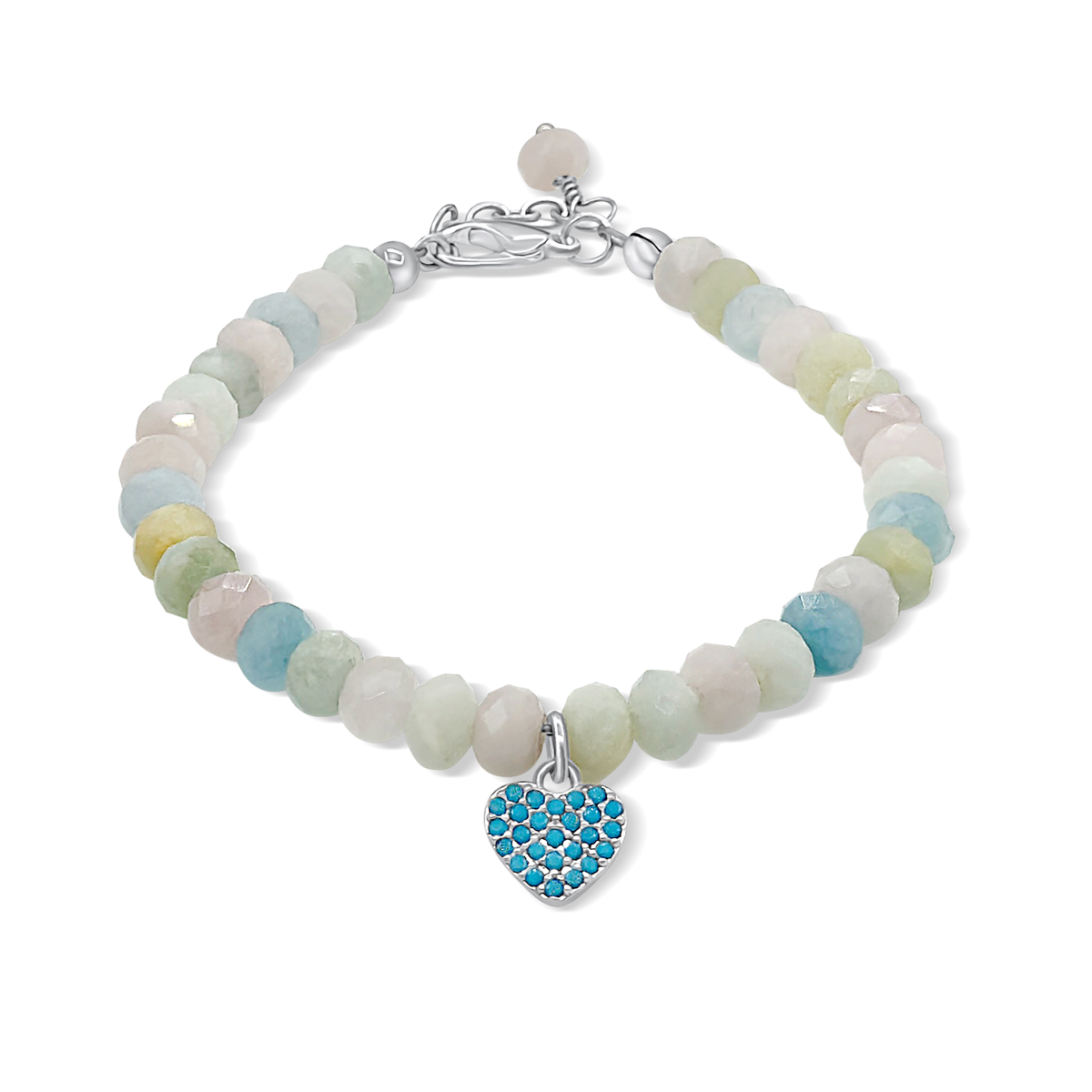 Blue Heart on Natural Morganite Beads Bracelet