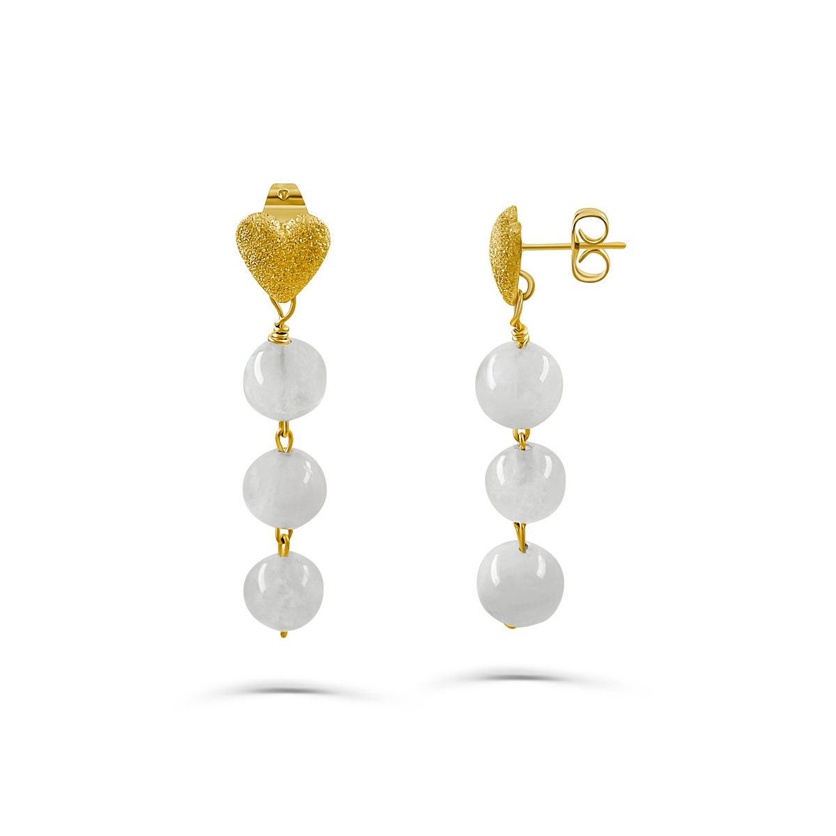 Gold Heart Stardust with White Rainbow Moonstone Earrings