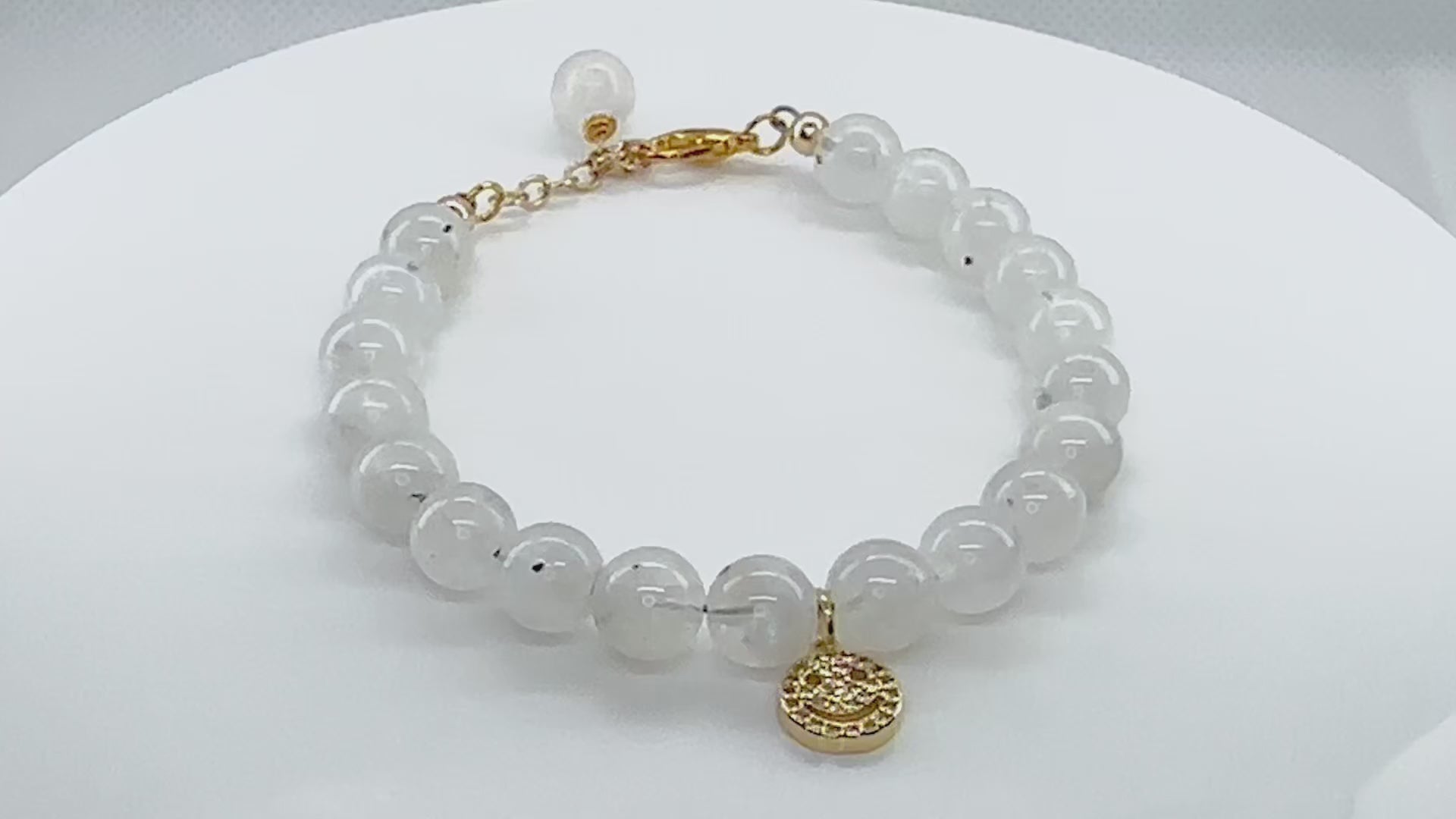 Gold Smiley Face on White Rainbow Moonstone Beads Bracelet