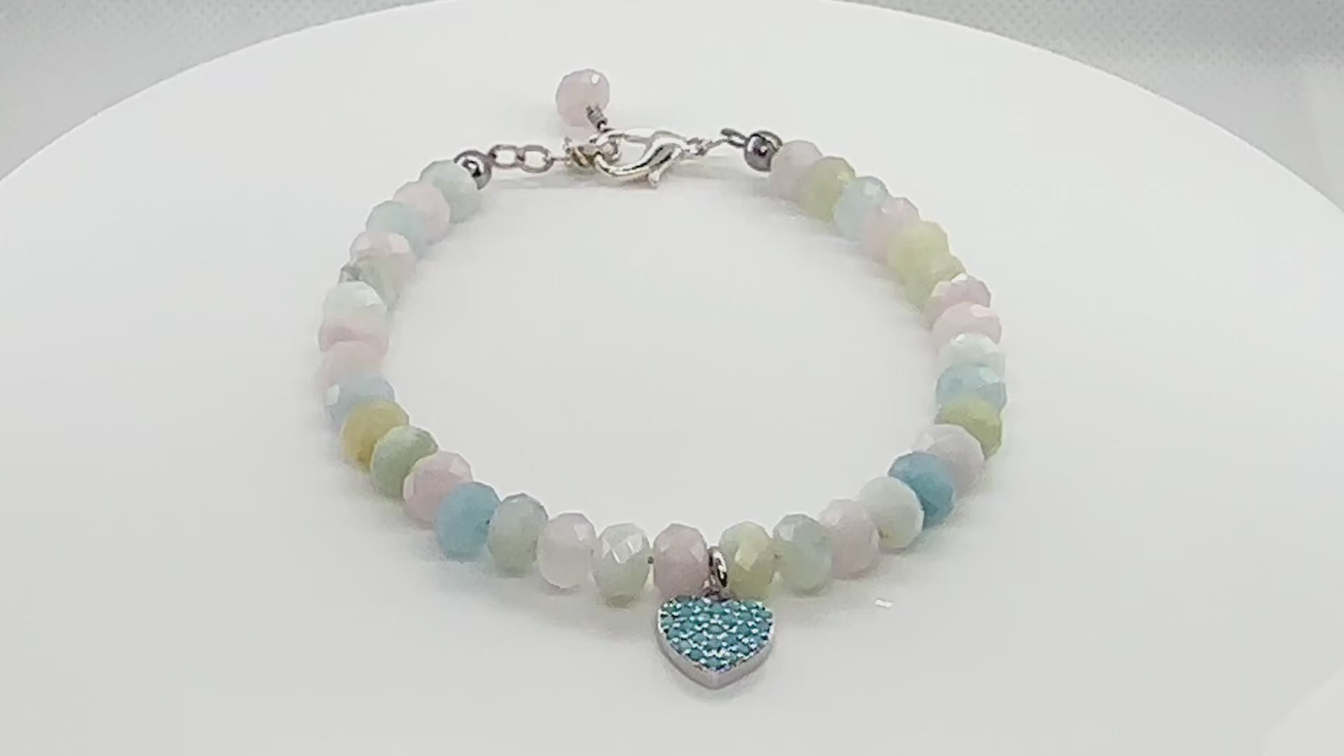 Blue Heart on Natural Morganite Beads Bracelet